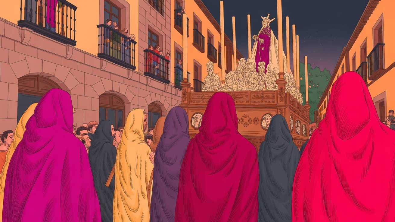 Semana Santa religious procession with nazarenos