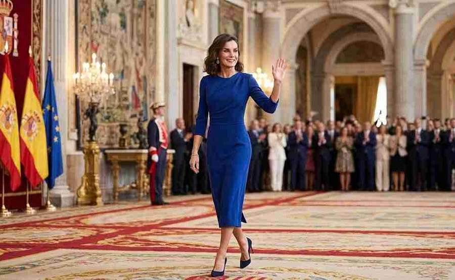 "Queen Letizia waving in a royal hall, wearing a royal blue dress, with Spanish flags and crowds in the background."