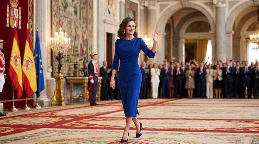 "Queen Letizia waving in a royal hall, wearing a royal blue dress, with Spanish flags and crowds in the background."